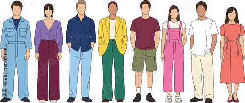 Flat vector diverse people standing casual colorful outfits modern lifestyle fashion character illustration isolated neutral background collection set