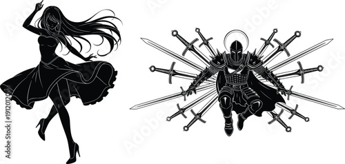 Silhouette dancing woman and armored knight surrounded by swords in dramatic fantasy illustration isolated on white background epic gothic concept art
