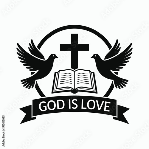 Black and white with cross open book and two doves god is love christian vector illustration isolated on white background
