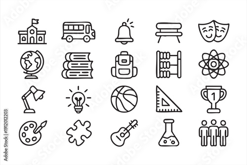classroom bus globe and backpack icons