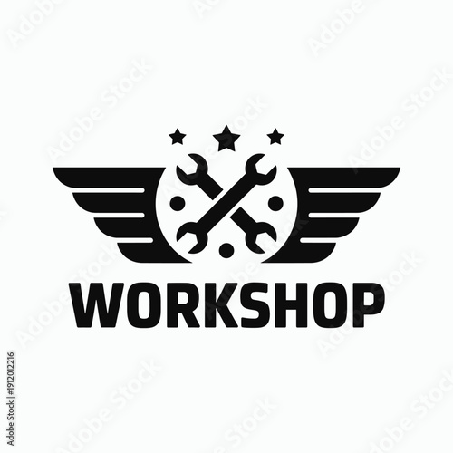 Black and white workshop with wings crossed wrenches and stars vector illustration isolated on white background.