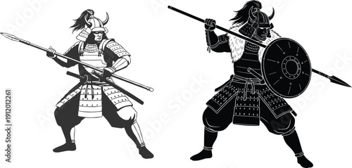 Silhouette samurai warriors holding spears and shields in dynamic combat stance traditional Japanese armor illustration isolated on white background