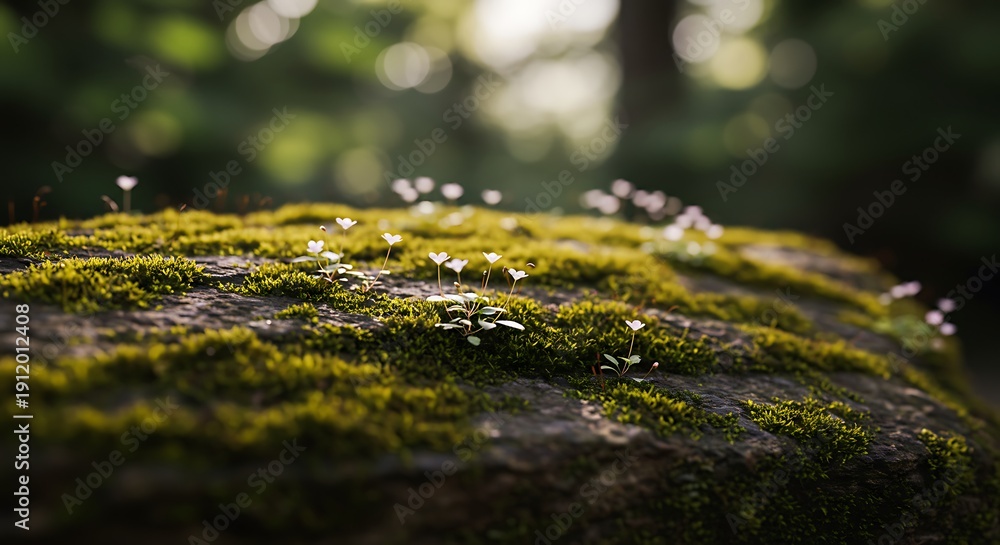 Fototapeta premium Sunlit Moss & Tiny Blooms: Forest Floor Serenity