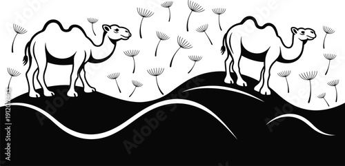 Vector, black, and, white, illustration, of, two, camels, walking, on, sand, dunes, in, the, desert, for, wildlife, safari, travel, and, nature, design, elements, isolate