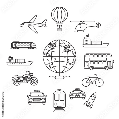 Collection of travel and transport icons featuring airplanes, balloons, ships, cars and bicycles arranged around a globe.