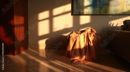Warm afternoon sunlight casting shadows in cozy living room interior