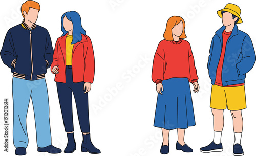 Flat vector faceless people characters wearing colorful casual outfits modern fashion lifestyle illustration isolated neutral background collection set