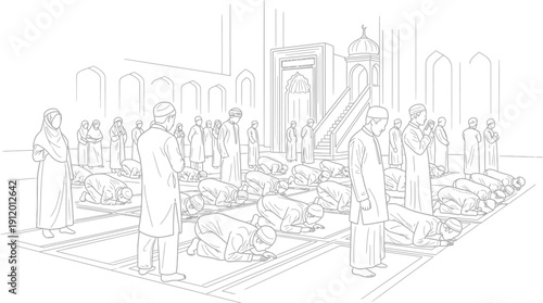Muslim community engaging in collective prayer or salah during worship inside a mosque featuring men and women observing religious customs together.