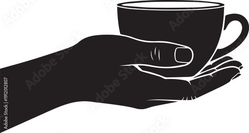 Black silhouette of a human hand holding a cup of hot coffee or tea on white background