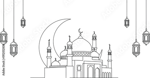 Black and white line art illustration featuring a grand mosque silhouette against a large crescent moon with hanging lanterns signifying a holy celebration