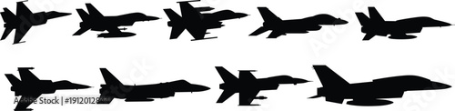 Black silhouettes of various fighter jets on white background aircraft 1