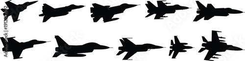 Black silhouettes of various fighter jets on white background aircraft 2
