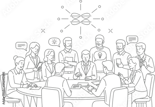 Diverse group of business professionals collaborating effectively around a central table during an important meeting symbolizing teamwork and idea generation