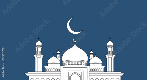 Minimalist white outline illustration of an Islamic mosque with prominent domes and tall minarets set against a deep blue night sky featuring a bright crescent moon.