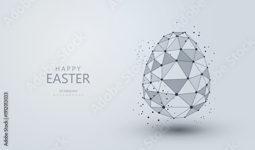 Technology Ai 3d Egg With Geometric Lines And Dots In Gray Tones. Business Easter Card In Wireframe Style. Vector Artificial Intelligence Science Background.