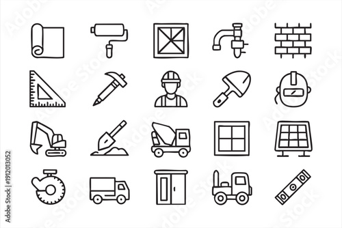 cement truck bricks and window vector icons