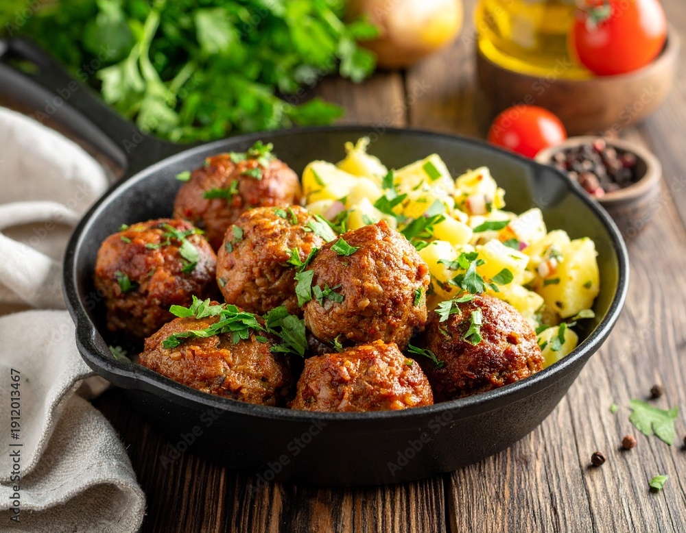 Fototapeta premium Frikadellen mit Kartoffelsalat