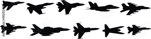 Black silhouettes of various fighter jets on white background aircraft