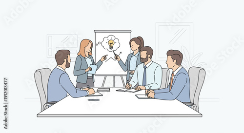 Business team collaborates actively around a whiteboard presentation focusing on generating and developing new innovative ideas for growth strategy
