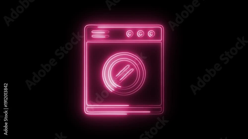 Glowing Neon Washing Machine Outline Icon Isolated on Black Background. HD Video Motion Graphic Animation
