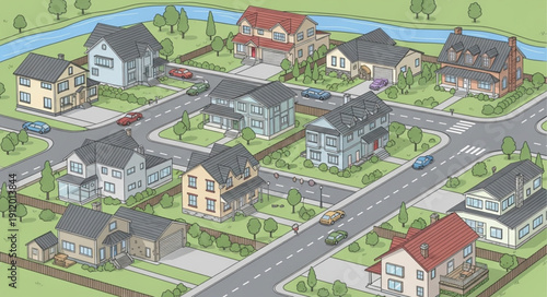 Suburban Neighborhood with Houses and Streets.