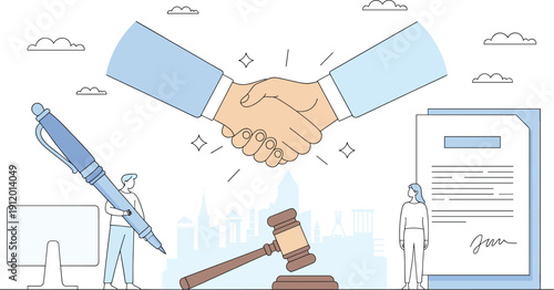 Professional Business Handshake Vector Illustration with Judge Gavel Signed Contract and Pen for Legal Services Corporate Agreements Law Firm and Successful Partnership Concepts