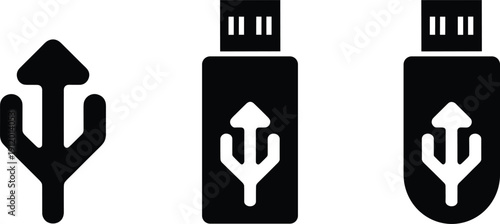 Black and White USB Flash Drive Icon Set with Universal Serial Bus Symbols for Data Storage, Hardware Connectivity, and Computing Interface Designs