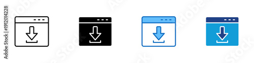 Web Download Multiple Style Icon Design Vector - Browser window with downward arrow representing web download, online file saving, and internet transfer