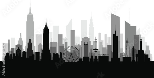 Modern City Skyline Silhouette Vector with Skyscraper Layers and Landmark Icons for Urban Development Backgrounds, Travel Posters, and Corporate Website Headers