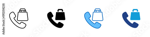 Shop Call Multiple Style Icon Design Vector - Phone handset with shopping tote bag representing business contact, customer service communication, and retail support
