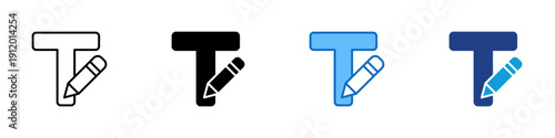 Text Editing Multiple Style Icon Design Vector - Letter T with pencil representing text editing, typography adjustment, and content creation