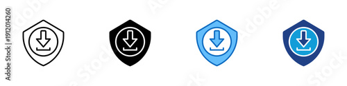 Secure Download Multiple Style Icon Design Vector - Shield with downward arrow representing secure download, protected transfer, and data safety