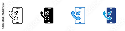 Mobile Incoming Multiple Style Icon Design Vector - Smartphone with phone handset and inward arrow representing incoming mobile call, call reception, and communication notification