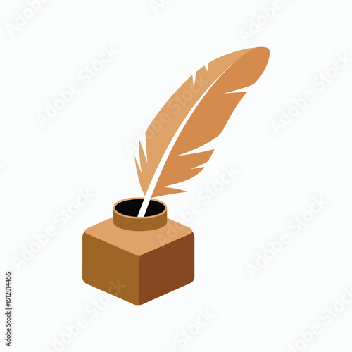 Brown feather quill pen in inkwell vector illustration isolated on white background.
