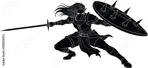 Silhouette fierce female warrior with sword and spiked shield in dynamic combat pose dark fantasy illustration isolated on white background