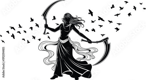 Silhouette female warrior holding dual scythes with flying birds in dramatic dark fantasy illustration isolated on white background epic gothic scene