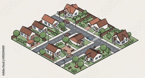 Suburban Neighborhood with Houses and Trees.