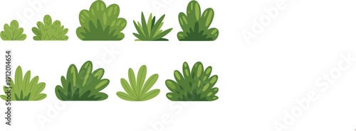 Collection of Green Bush and Grass Tuft Vector Icons in Flat Cartoon Style for Landscape Design, Nature Environments, Gardens, and Game Assets