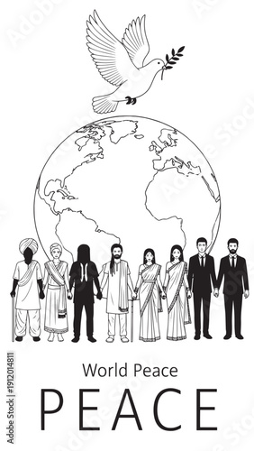 Global Unity for World Peace: Diverse People Around a Glowing Earth with Dove.