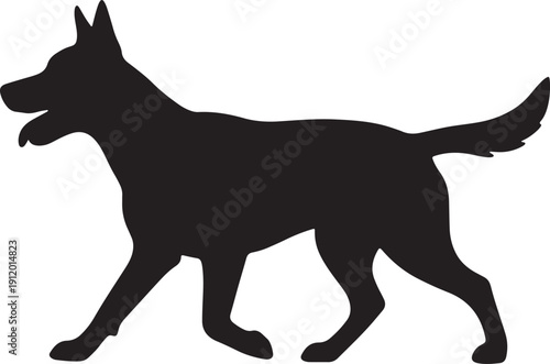 Black silhouette of a German Shepherd dog walking with its tongue out on a white background also transparent background