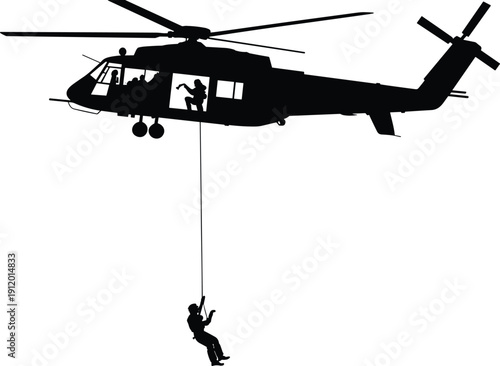 Helicopter with people rappelling down rope silhouette