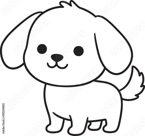 Cute cartoon black and white puppy dog standing with wagging tail and happy expression also transparent background