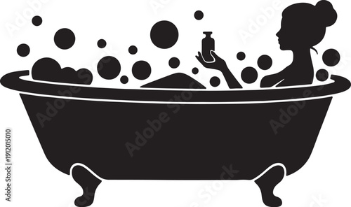 Silhouette of a woman in a bathtub with bubbles holding a small bottle also transparent background