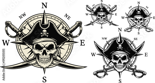 Vector illustration of a pirate skull wearing a tricorn hat with crossed cutlass swords and a vintage compass rose, isolated on a transparent background.
