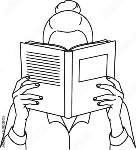 Person with hair bun reading an open book with text and blank space also transparent background hands