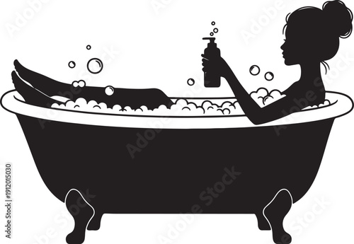 Silhouette of a woman relaxing in a bubble bath holding a pump bottle of soap also transparent background