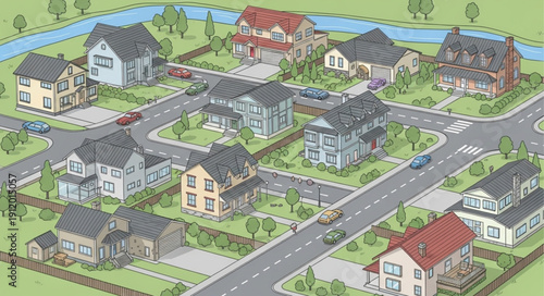 Suburban Neighborhood with Houses and Roads.