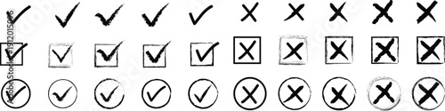 Checkmarks and crosses symbols in various boxes and shapes