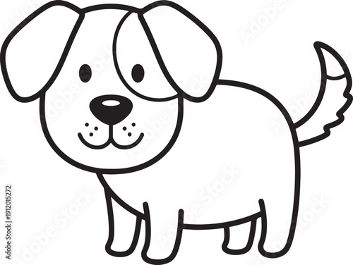 Simple black and white cartoon of a happy dog with floppy ears and a wagging tail also transparent background