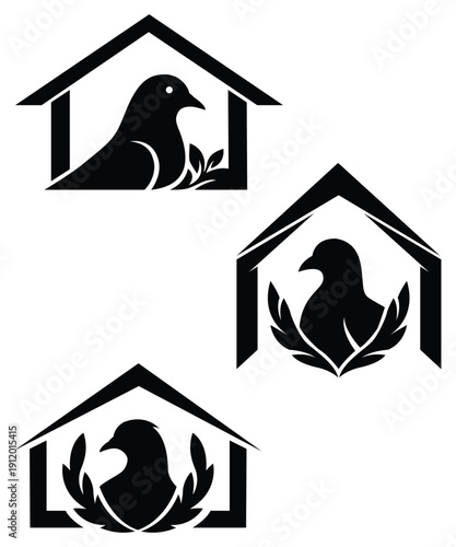 Collection of peace symbol, dove icon vector template with leaves and geometric shapes.